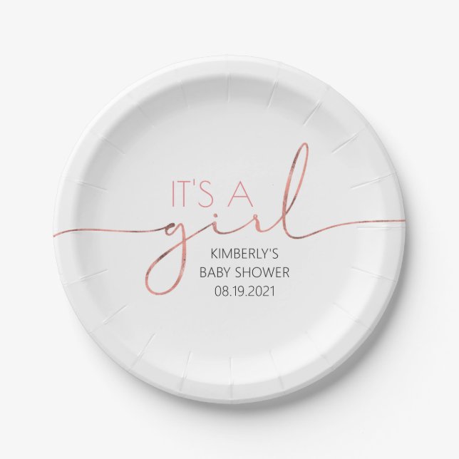 It's A Girl Pink Gold Script Baby Shower Modern Paper Plate (Front)