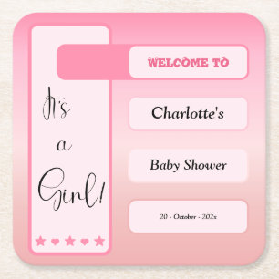 It's A Girl! Pink Gradient Cute Baby Shower Square Paper Coaster