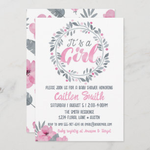 It's A Girl Pink Gray Floral Baby Shower Invitation