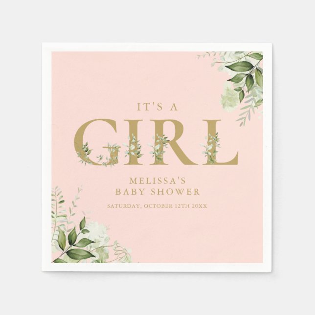 Its A Girl Pink Greenery Gold Letter Baby Shower  Napkin (Front)