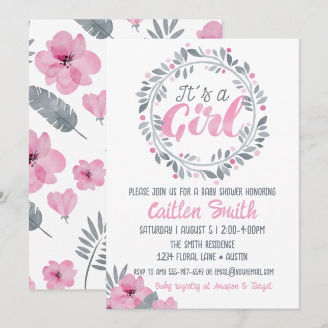 It's A Girl Pink Grey Floral Baby Shower Invitation (Front/Back)