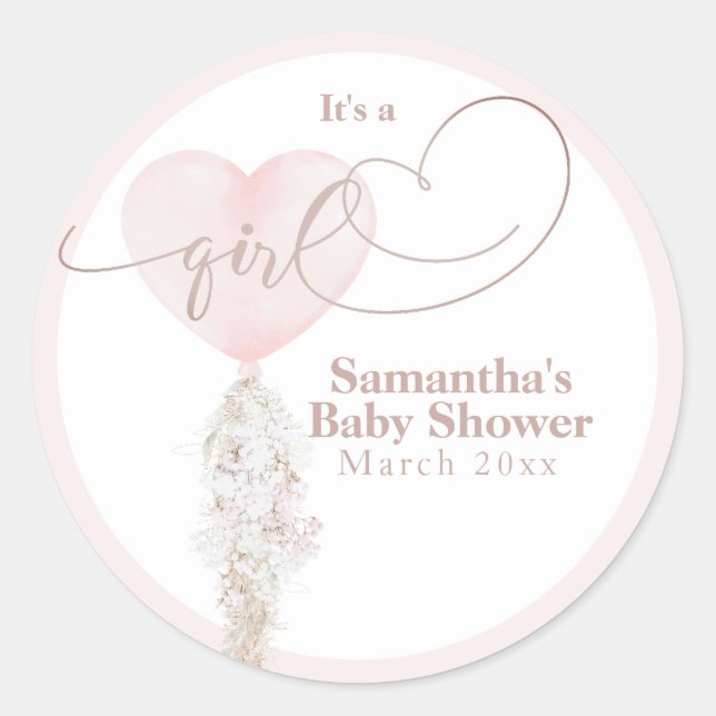 It's a Girl Pink Heart Balloon Baby Shower Classic Round Sticker (Front)