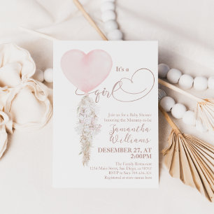 It's a Girl Pink Heart Balloon Baby Shower Invitation