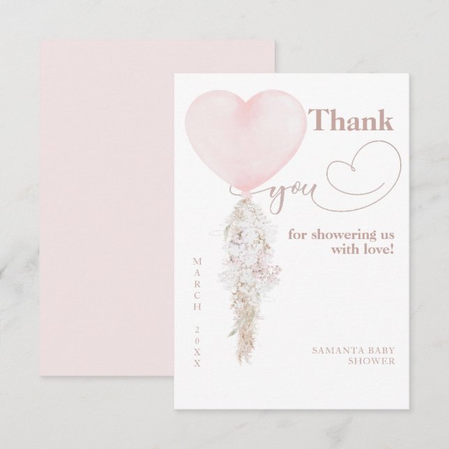 It's a Girl Pink Heart Balloon Baby Shower Thank You Card (Front/Back)