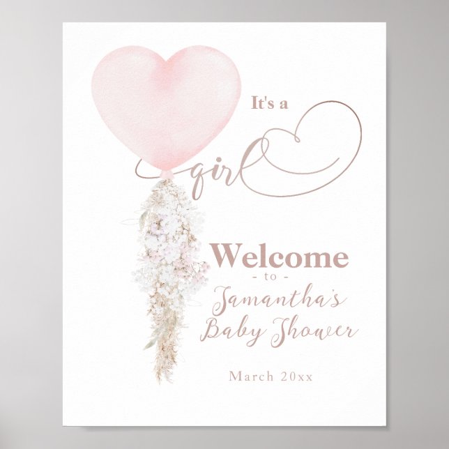 It's a Girl Pink Heart Balloon Baby Shower welcome Poster (Front)