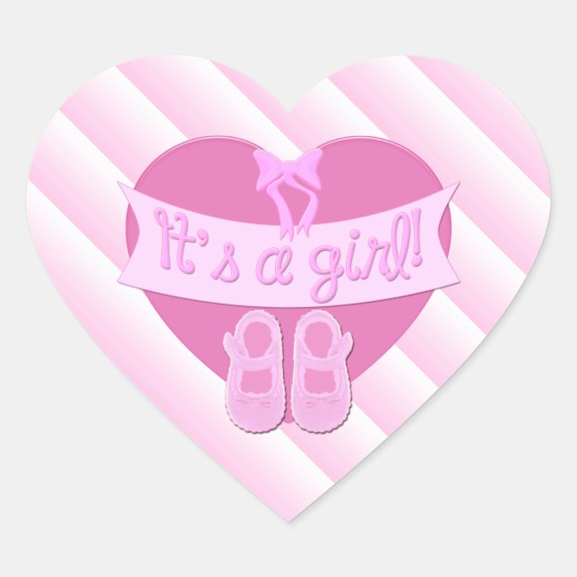 It's a girl Pink Heart Bow Shoes Baby Girl Shower Heart Sticker (Front)