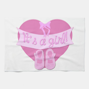 It's a girl Pink Heart Bow Shoes Baby Girl Shower Tea Towel