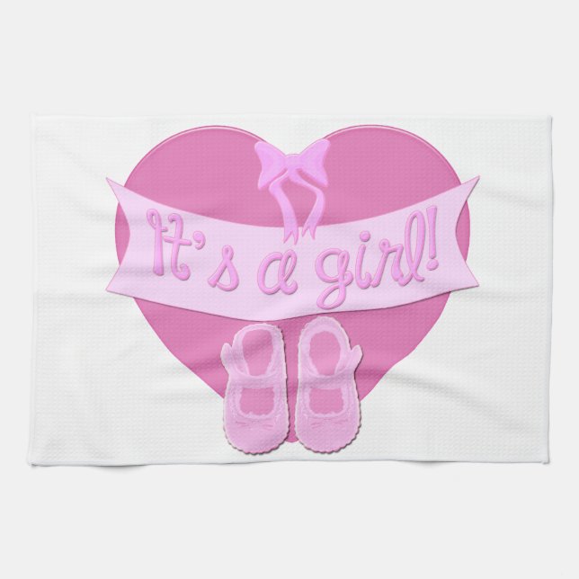 It's a girl Pink Heart Bow Shoes Baby Girl Shower Tea Towel (Horizontal)