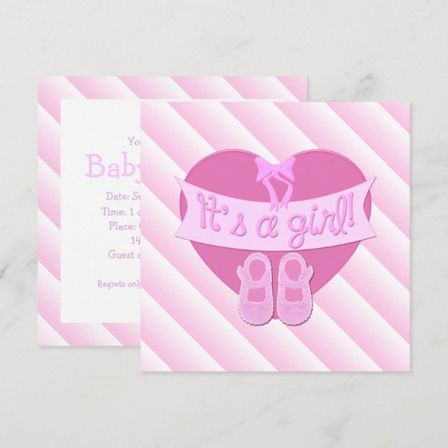 Its a girl Pink Heart Bow Shoes Baby Shower Invite (Front/Back)