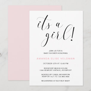 Its a Girl Pink Heart Typography Baby Shower Invitation