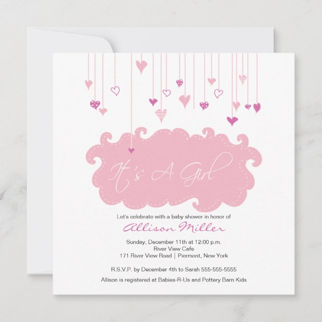 It's A Girl Pink Hearts Baby Shower Invitation (Front)