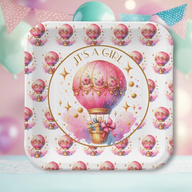 It's a Girl | Pink Hot Air Balloon Baby Shower Paper Plate (Creator Uploaded)