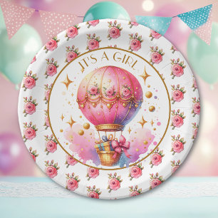 It's a Girl   Pink Hot Air Balloon Baby Shower Paper Plate