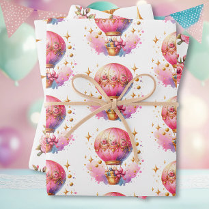 It's a Girl   Pink Hot Air Balloon Baby Shower Wrapping Paper Sheet