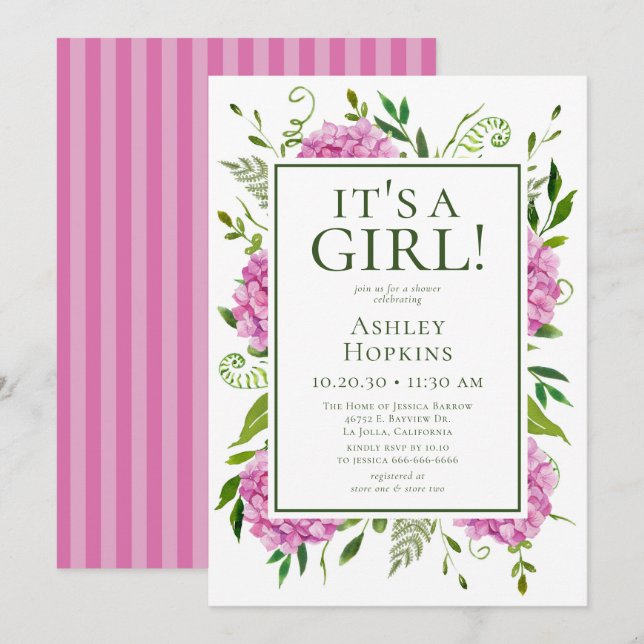 It's A Girl Pink Hydrangeas Baby Shower  Invitation (Front/Back)