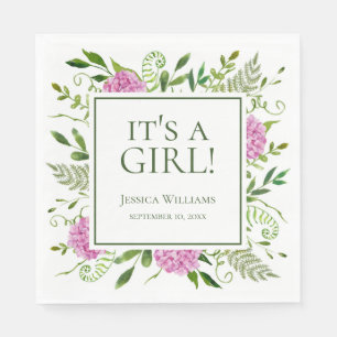 It's A Girl Pink Hydrangeas Baby Shower Napkin