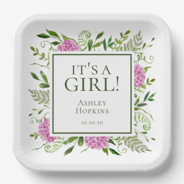 It's A Girl Pink Hydrangeas Girl Baby Shower Paper Plate (Front)