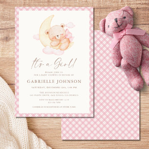 It's a Girl Pink Moon Bear Baby Shower Invitation