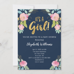 It's A Girl Pink Navy Gold Watercolor Baby Shower Invitation