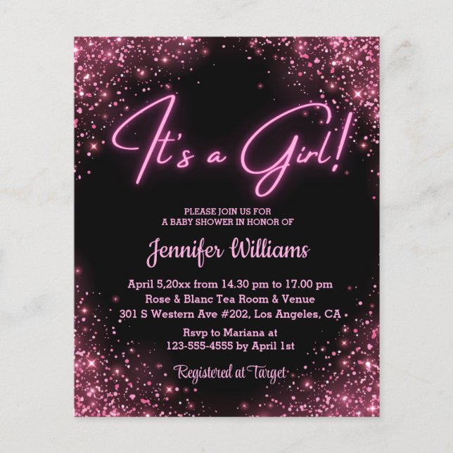it's a girl ,pink neon  baby shower invitation  (Front)
