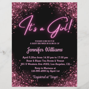 it's a girl,pink neon chic baby shower invitation flyer