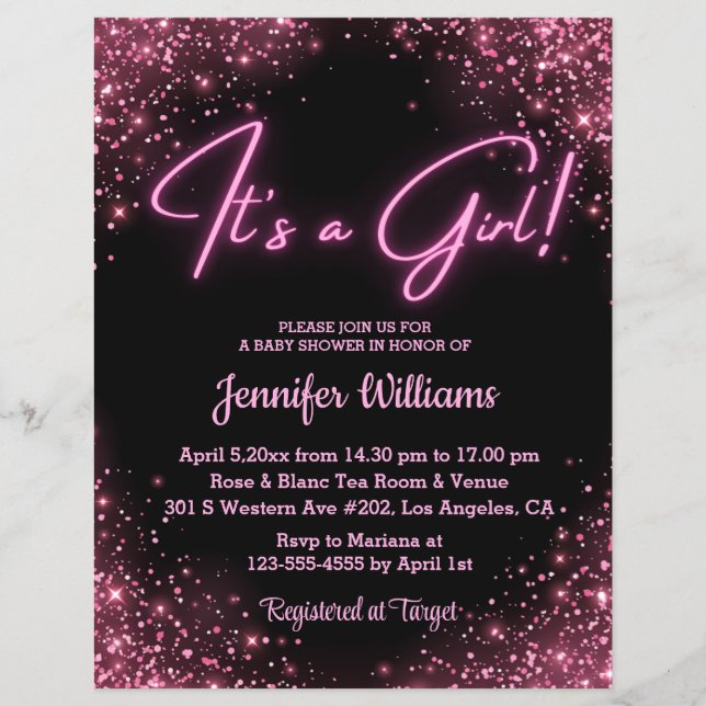 it's a girl,pink neon chic baby shower invitation  flyer (Front)