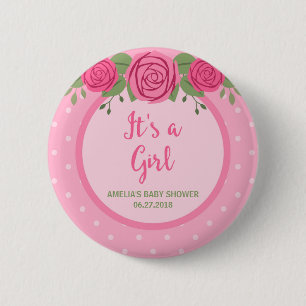 It's a Girl Pink Polka Dot and Floral Baby Shower 6 Cm Round Badge