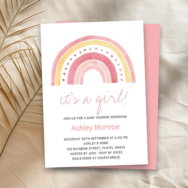 It's a Girl Pink Rainbow Baby Shower Invitation (It's a Girl baby shower invitation with cute rainbow)
