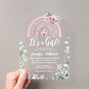 it's a girl, pink rainbow floral girl baby shower acrylic invitations