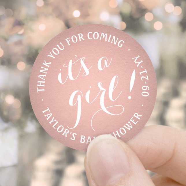 It's a Girl! Pink Rose Gold Faux Foil Baby Shower Classic Round Sticker (Creator Uploaded)