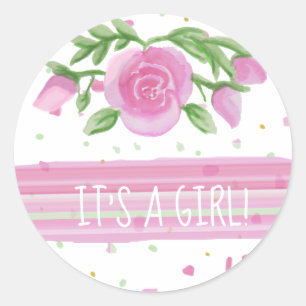 It's a Girl Pink Roses Floral Classic Round Sticker