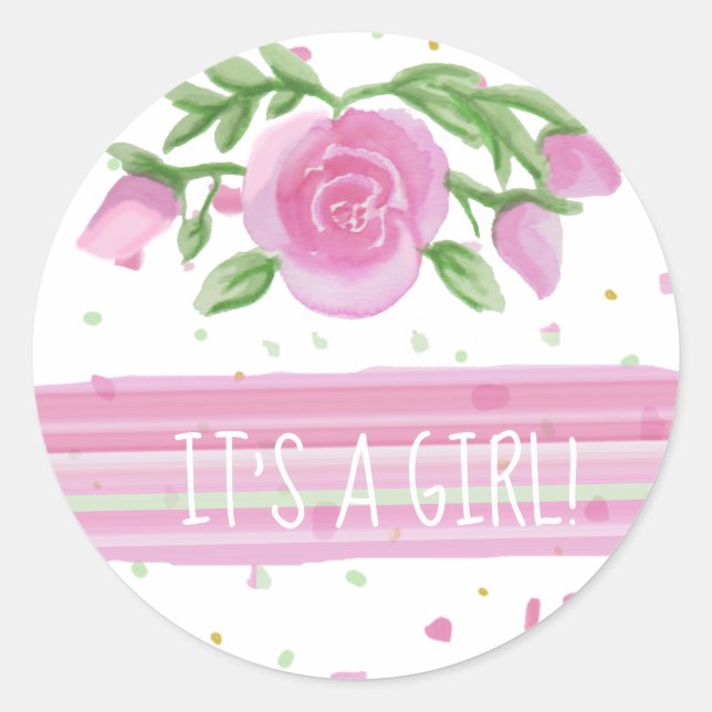 It's a Girl Pink Roses Floral Classic Round Sticker (Front)