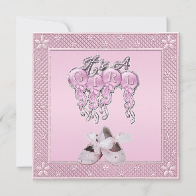 It's a Girl Pink Shoes & Balloons Baby Shower Invitation (Front)