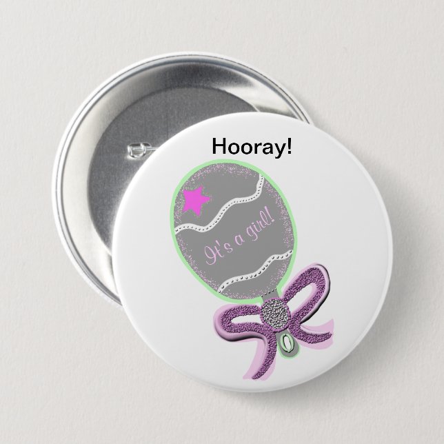 It's a Girl Pink Star Baby Rattle 7.5 Cm Round Badge (Front & Back)