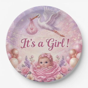 It's a Girl Pink Stork Baby Shower Paper Plate