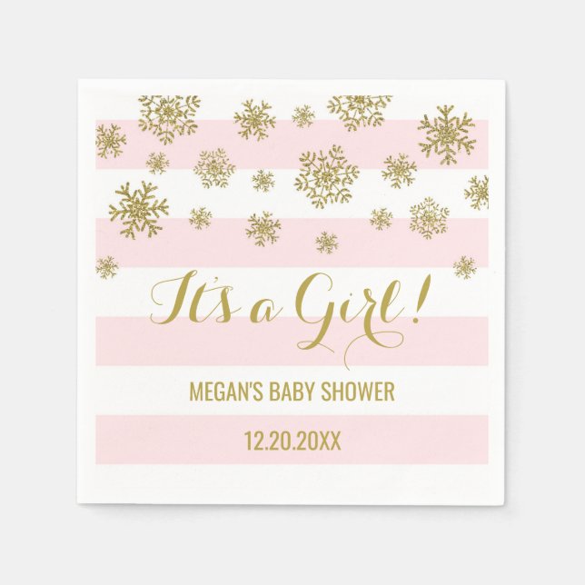 It's a Girl Pink Stripes Gold Snow Baby Shower Napkin (Front)