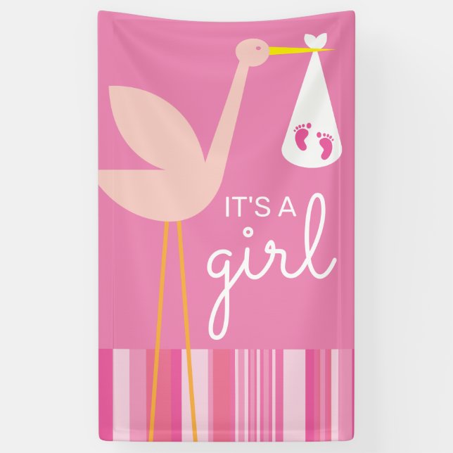 It's A Girl | Pink Stripes & Stork Banner (Vertical)