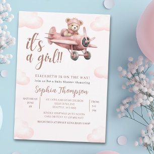 It's a Girl, Pink Teddy Bear Baby Shower Girl Invitation