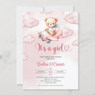 It's a Girl pink teddy bear pilot with aeroplane Invitation