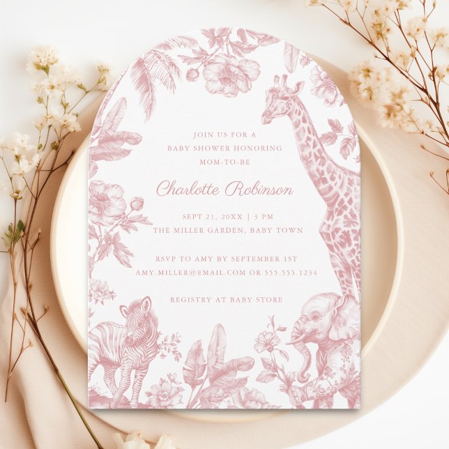 It's a Girl Pink Toile Safari Baby Shower Arch Invitation (Creator Uploaded)