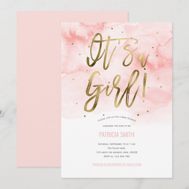 Its a girl, pink, Watercolor, Baby Girl Shower Invitation (Front/Back)