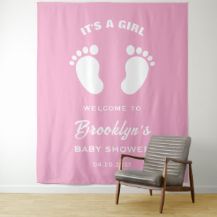 Its A Girl Pink White Feet Baby Shower Backdrop Tapestry
