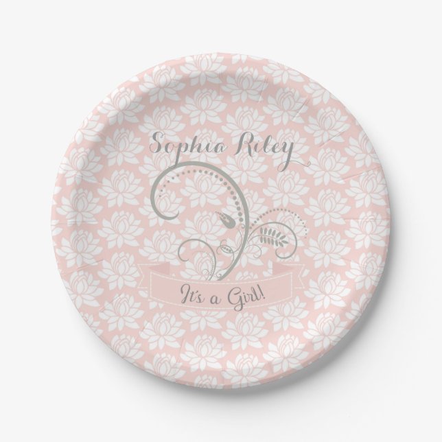 It's a Girl Pink White Grey Personalise Customise Paper Plate (Front)