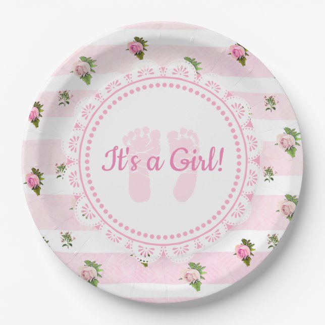 It's a Girl Pink & White Lacey Baby Shower Plates (Front)