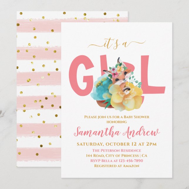 It's a Girl Pretty Fox Drawing Baby Shower Invitation (Front/Back)