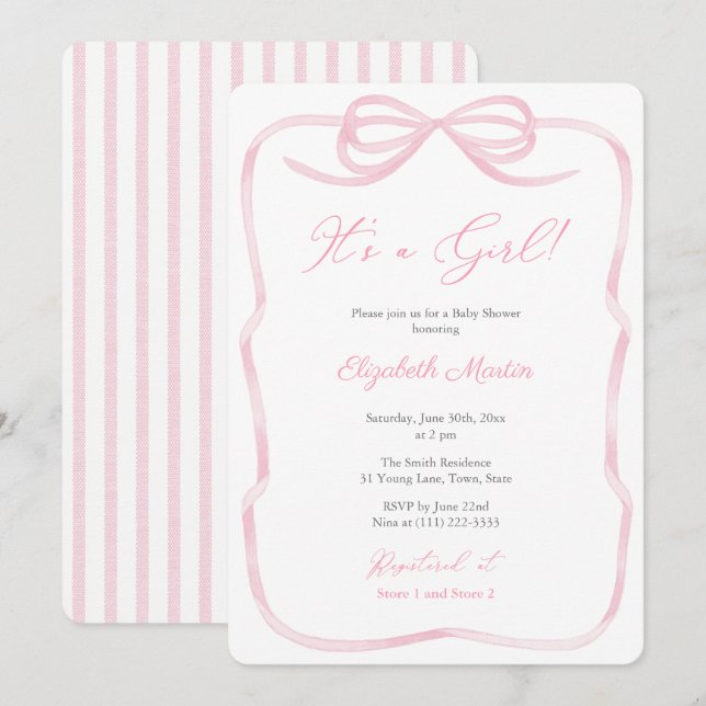It's A Girl Pretty Pink Ribbon Bow Baby Shower Invitation (Front/Back)