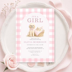 It's a Girl Puppy Dog Gingham Baby Shower Invitation