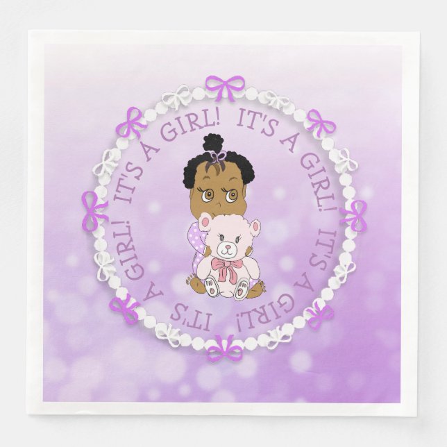 It's a Girl Purple Baby and Teddy Bear Baby Shower Napkin (Front)