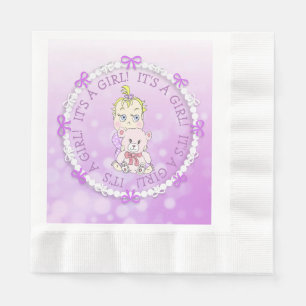 It's a Girl Purple Baby and Teddy Bear Baby Shower Napkin