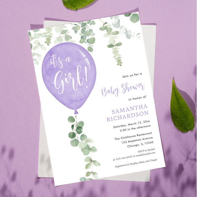 It's a girl purple balloons eucalyptus baby shower invitation (Creator Uploaded)